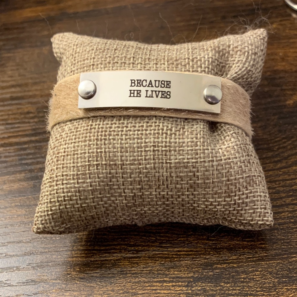 Leather Wrap Bracelet with 'BECAUSE HE LIVES' Plate - Tan & Silver